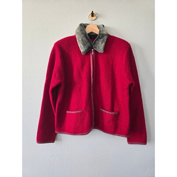 Karen Scott 100% Wool Red Jacket w/ Faux Fur Collar | Size L | Made in Australia - Picture 1 of 8